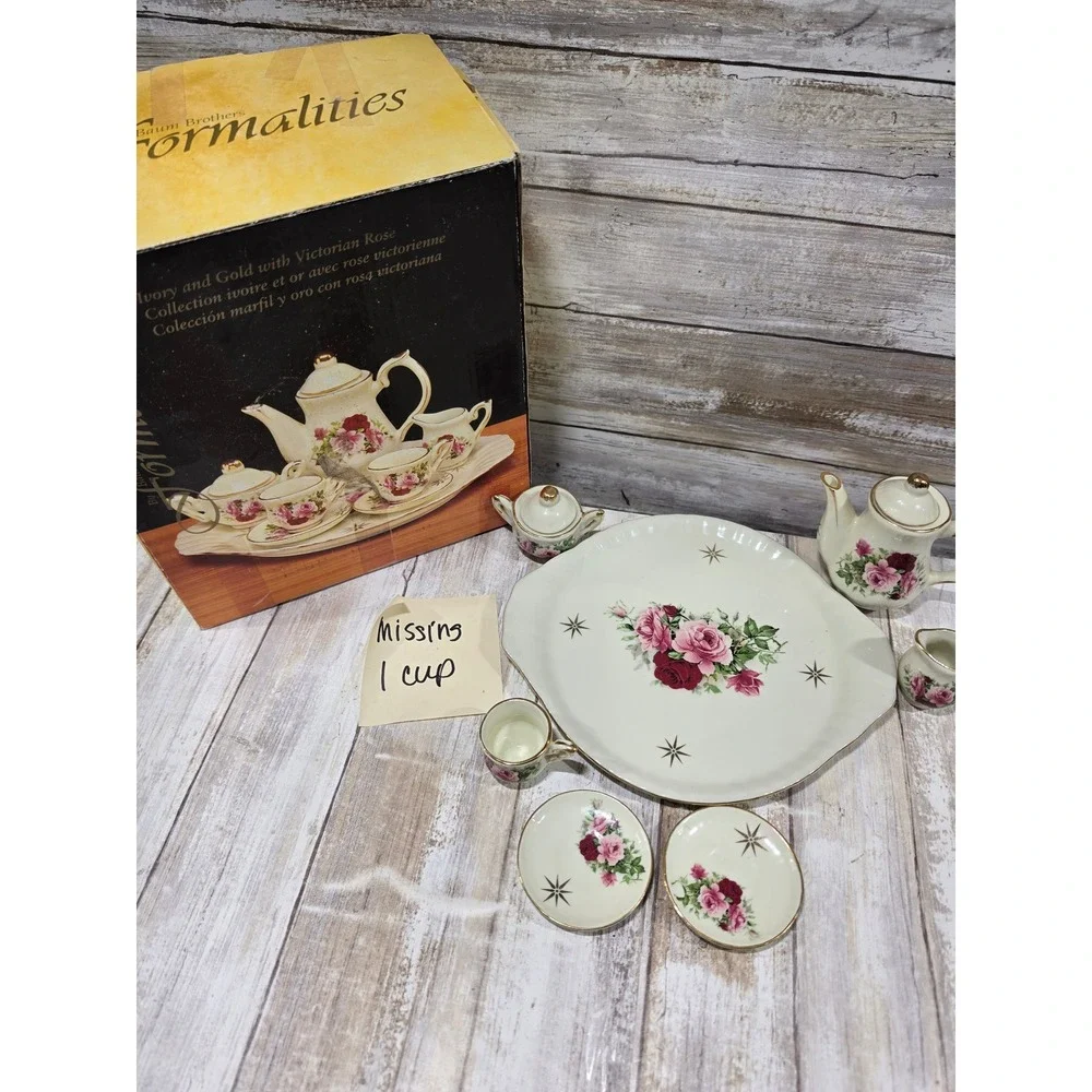 Formalities Baum Brothers Victorian Rose Miniature Tea Set Ivory Gold 9 pc. READ